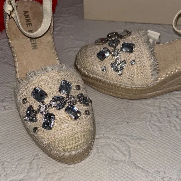 Anne Klein Cream Espadrille Wedges with Gem Accents - Picture 2 of 10
